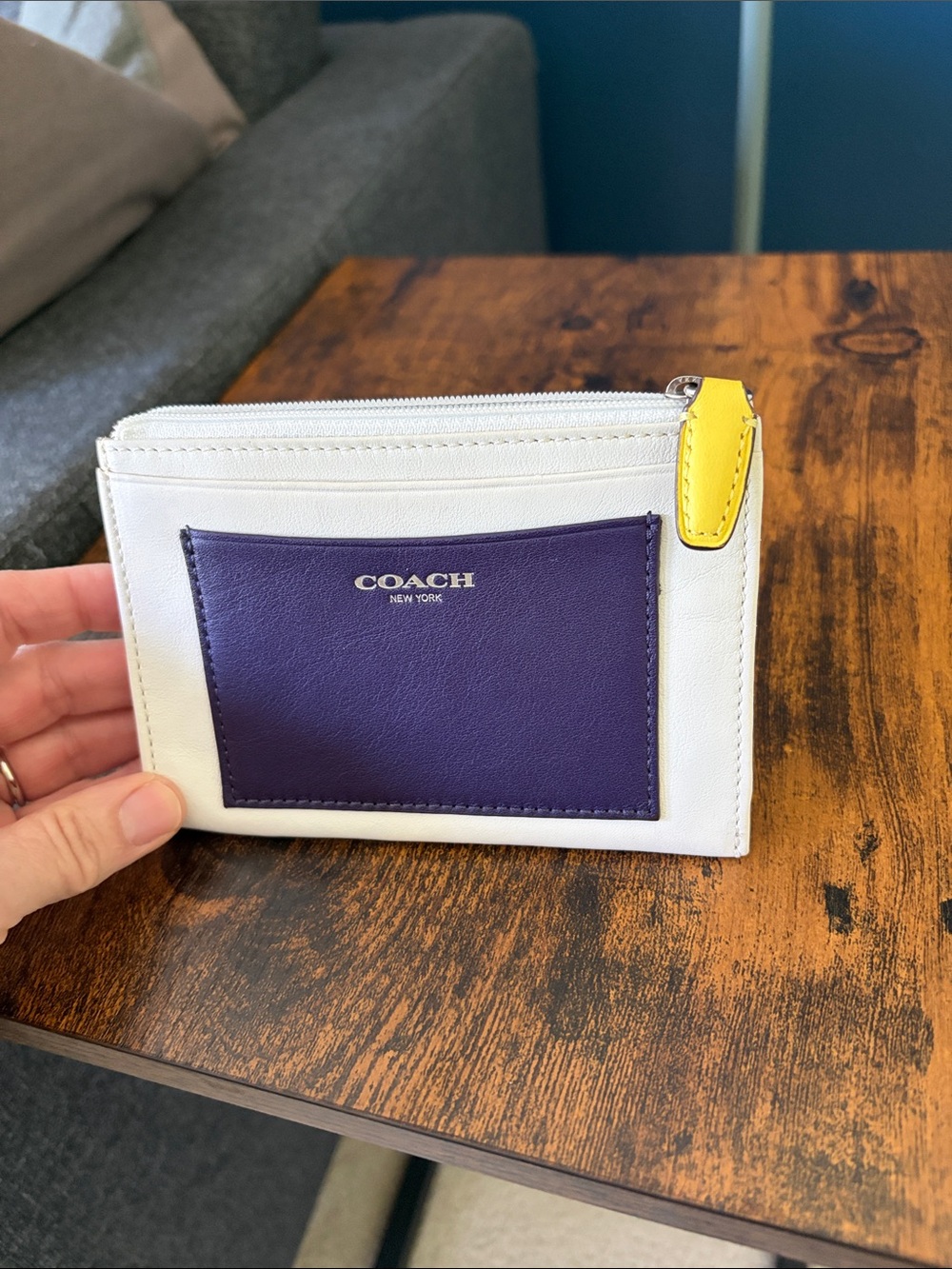 Coach White Leather Card Sleeve with Purple Pocket & Yellow Zip Tab